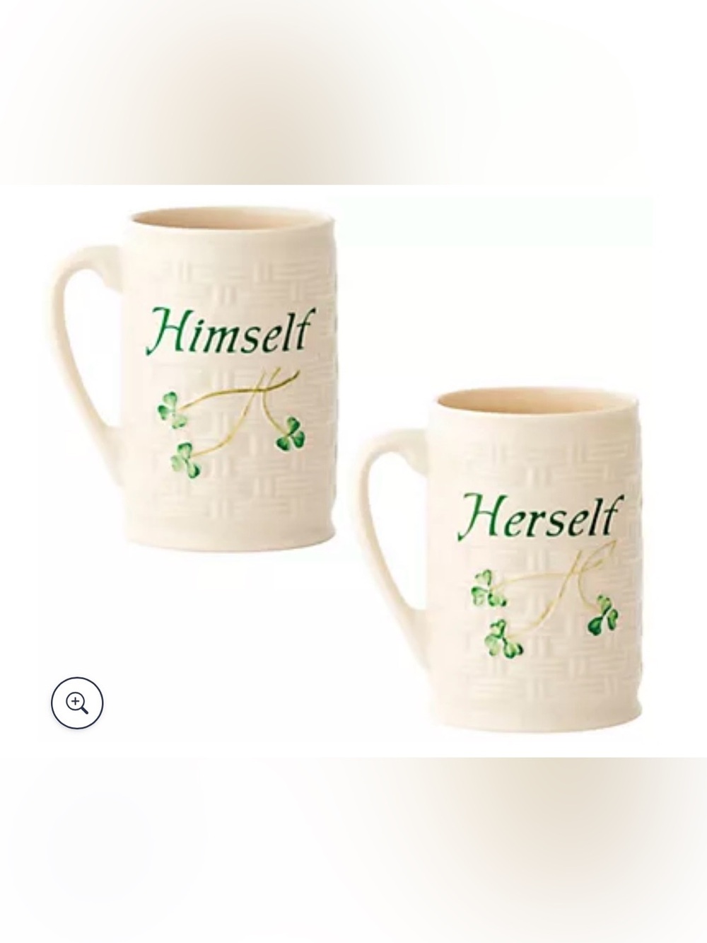 Belleek Cream "Himself" “Herself” Ceramic Mugs Green Shamrock Accent Ireland